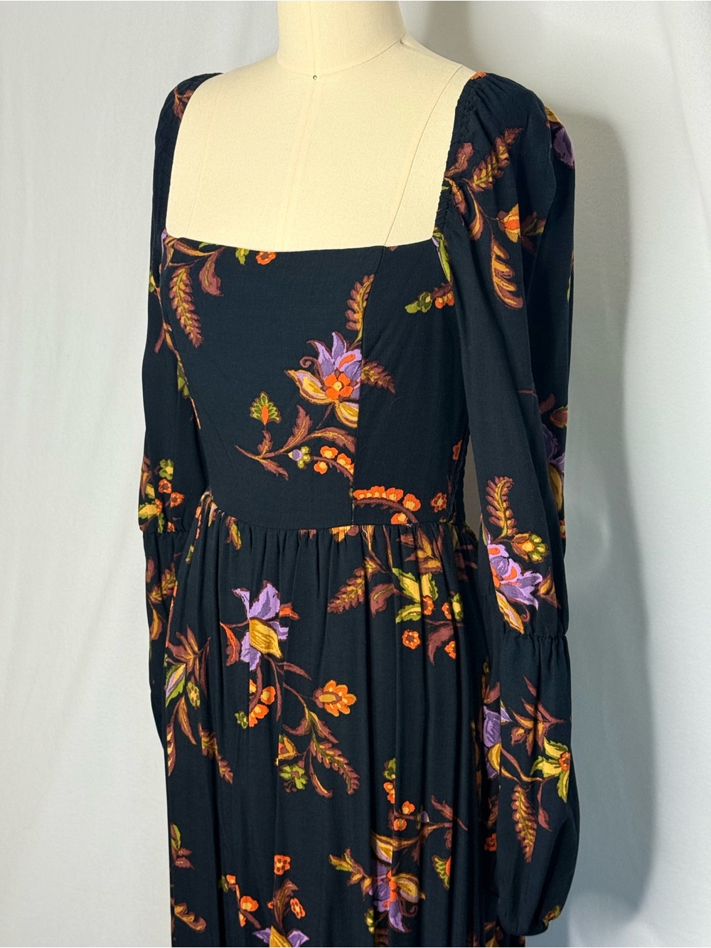 Floral Square-Neck Long Sleeve Maxi Dress - Black with Purple & Orange Floral - Picture 4 of 14